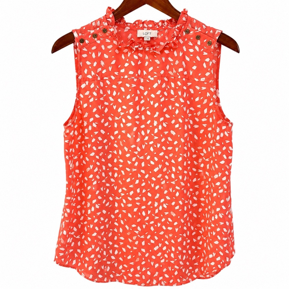 LOFT Outlet Coral Orange White Abstract Print Ruffle Neck Sleeveless Blouse M